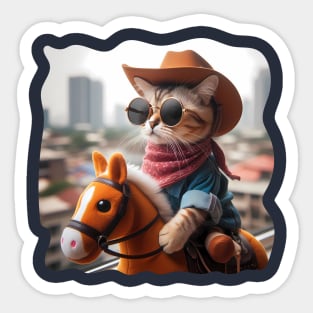 A cat wearing sunglasses and a cowboy hat riding a toy horse Sticker